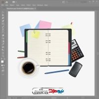 فایل وکتور وسایل اداری در کنار فنجان قهوه
